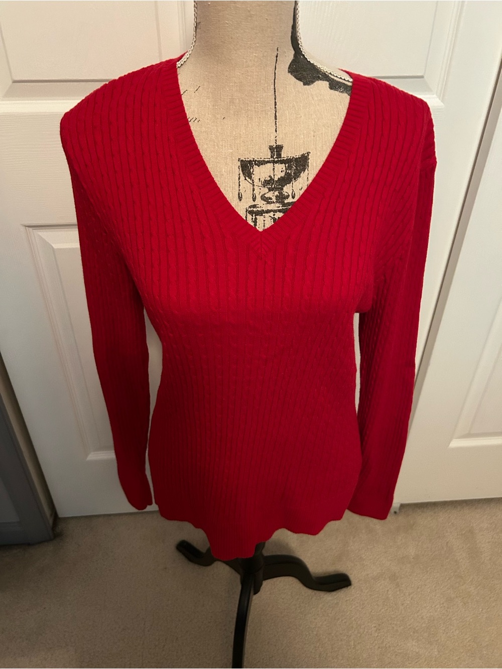 JEANNE PIERRE Bright Red Cable-Knit Crewneck Sweater
